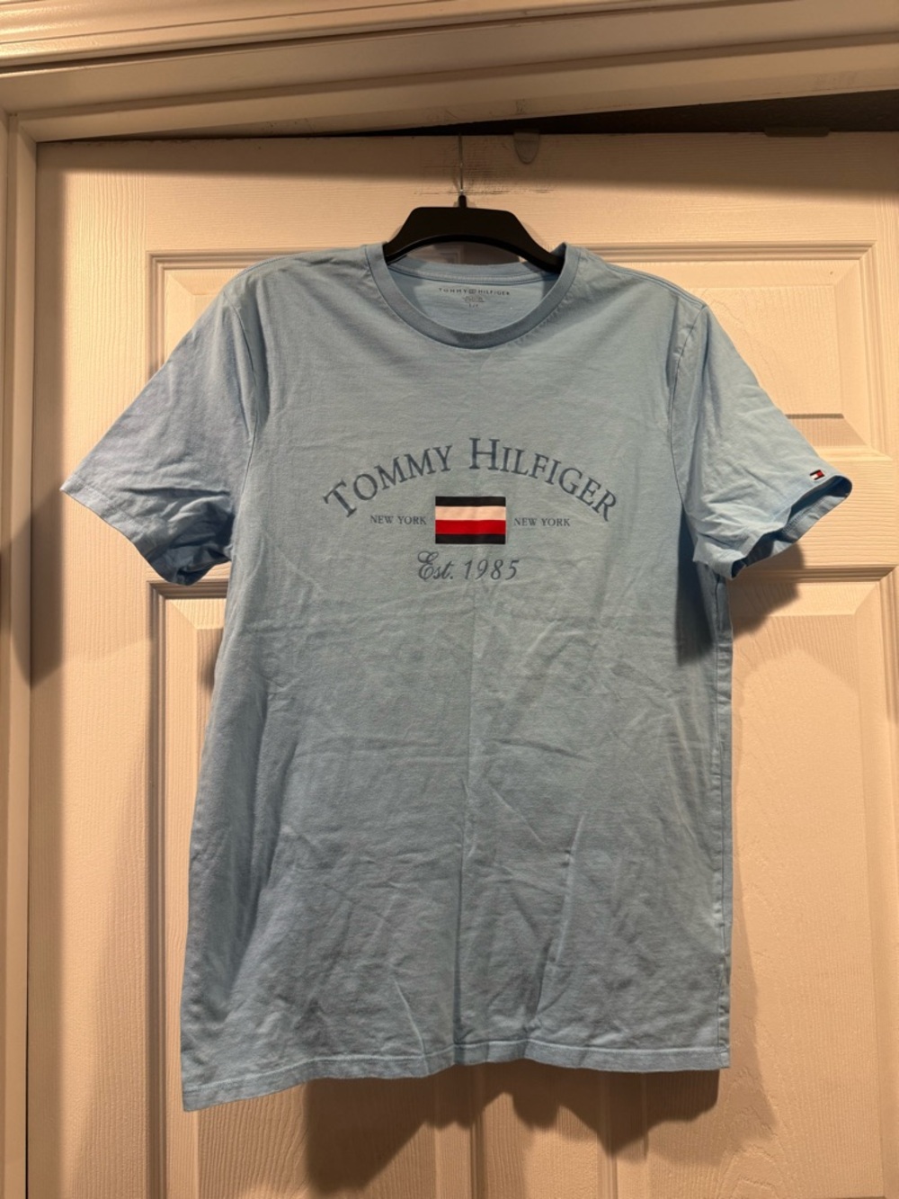 Tommy Hilfiger Light Blue Short Sleeve Logo Tee with Flag. size Large